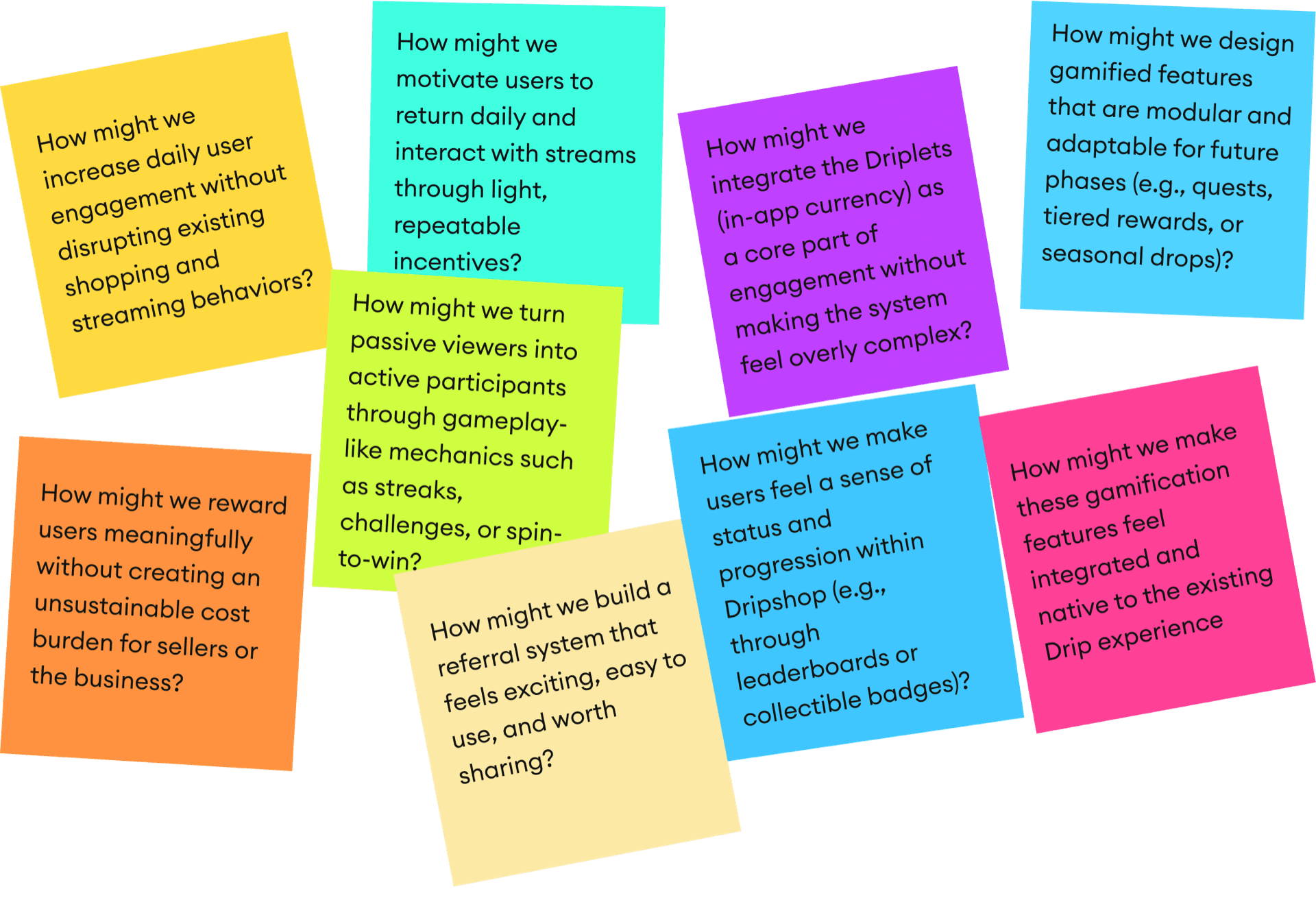 How Might We brainstorm, questions surrounding gamification mechanics