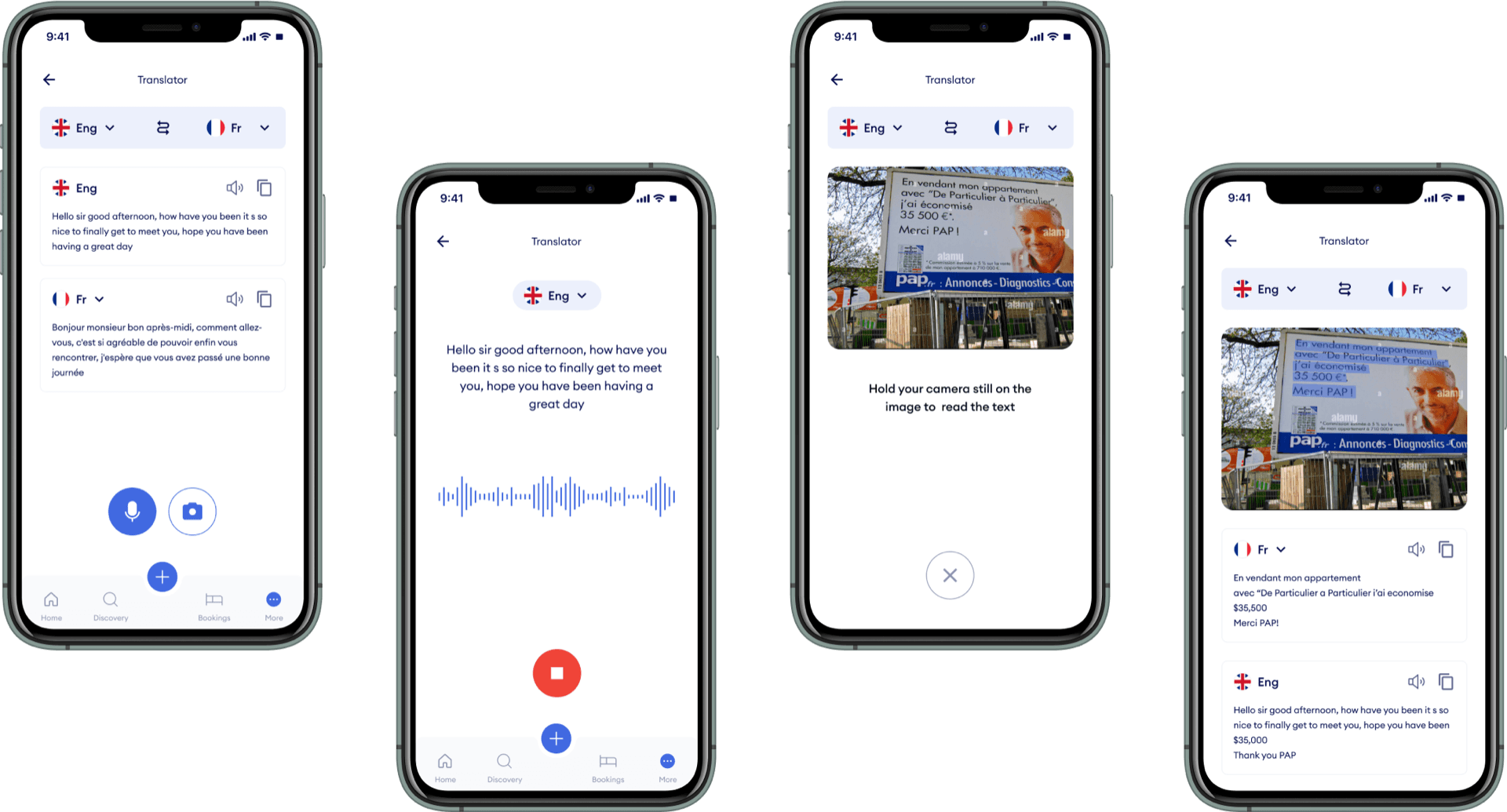 Speech and Image Translation, four phone mockups