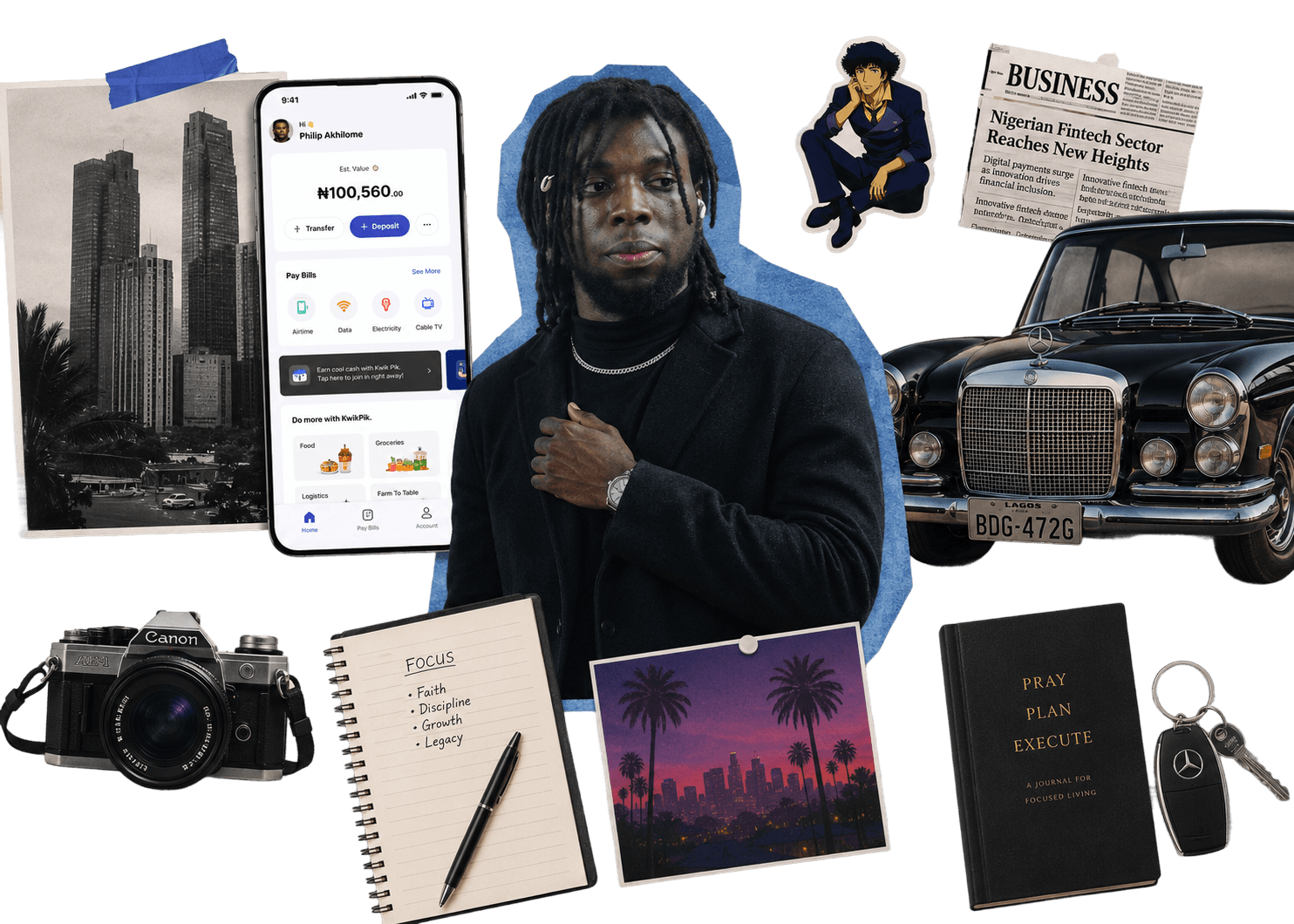 Aiseosa, surrounded by the things that made him: a film camera, a vintage Mercedes, a Lagos skyline, the KwikPik app, a focus journal, a Cowboy Bebop sticker, a Pray Plan Execute journal, and a Nigerian fintech headline.